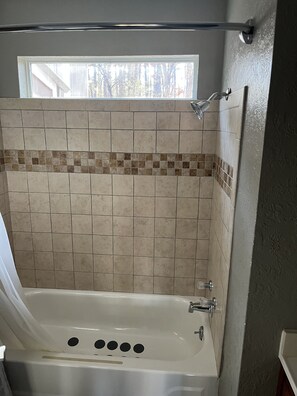 Combined shower/tub, hair dryer, towels, toilet paper