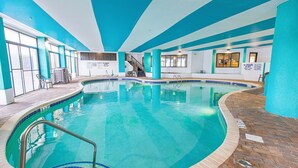 An indoor swimming pool with a closed sign, tiled steps, and a brick floor. - 2 BALCONIES/DIRECT OCEANFRONT/PET FRIENDLY/CORNER UNIT/ BEST VIEW/RESTAURANT (Myrtle Beach)