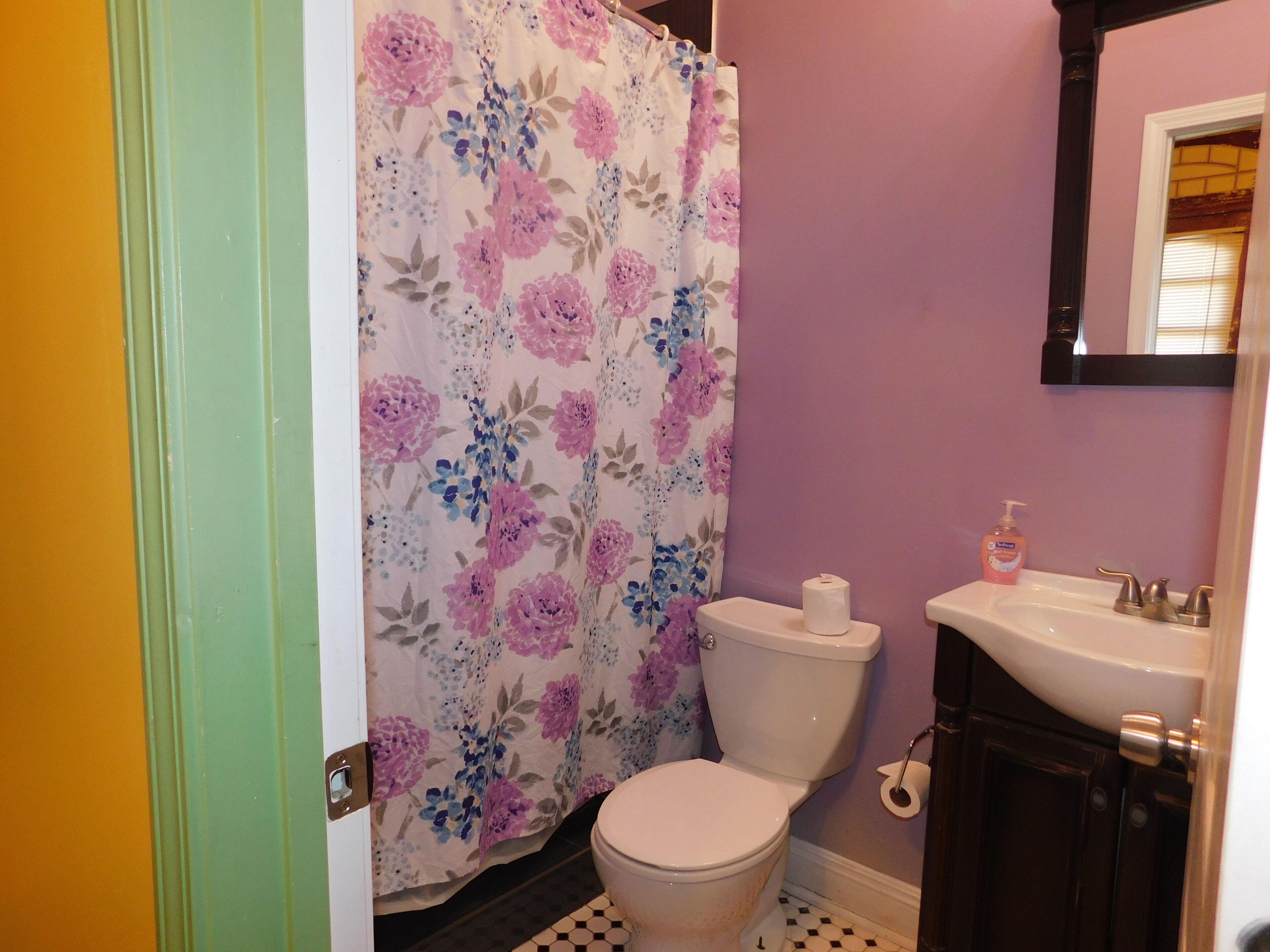 A bathroom with a toilet, sink, and shower curtain.