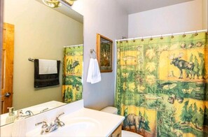 Combined shower/bathtub, hair dryer, towels, soap