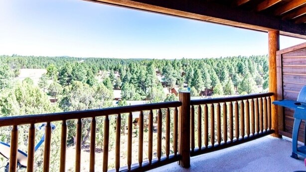 Un balcón de madera con vistas a un paisaje boscoso.