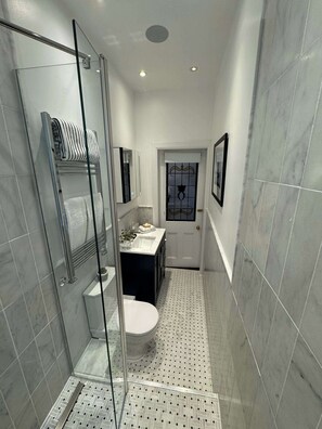 Combined shower/tub, hair dryer, towels