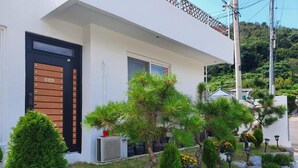 Una casa moderna con puerta negra, paredes blancas y un jardín cuidado con diversas plantas y flores.