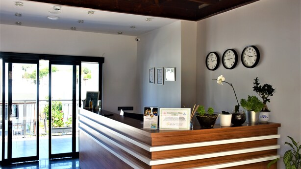 Un mostrador de recepción con detalles de madera, tres relojes de pared y plantas en macetas.