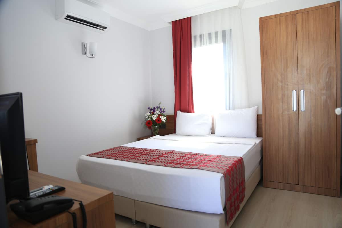 Habitació d'hotel amb llit, televisió, escriptori i armari.