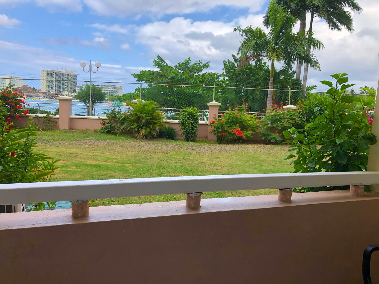 A balcony with a view of a grassy area, palm trees, and a distant body of water.