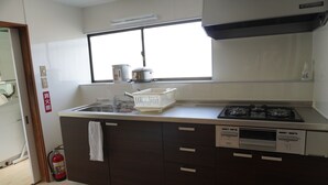 A kitchen with a gas stove, a dishwasher, and a window above the sink. - Private House for Rabbit Island (Takehara)