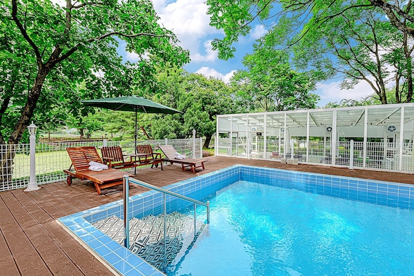Seasonal outdoor pool, pool umbrellas, sun loungers