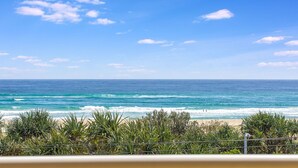 Une vue sur la plage, avec les vagues de l’océan, un ciel dégagé et quelques plantes au premier plan.