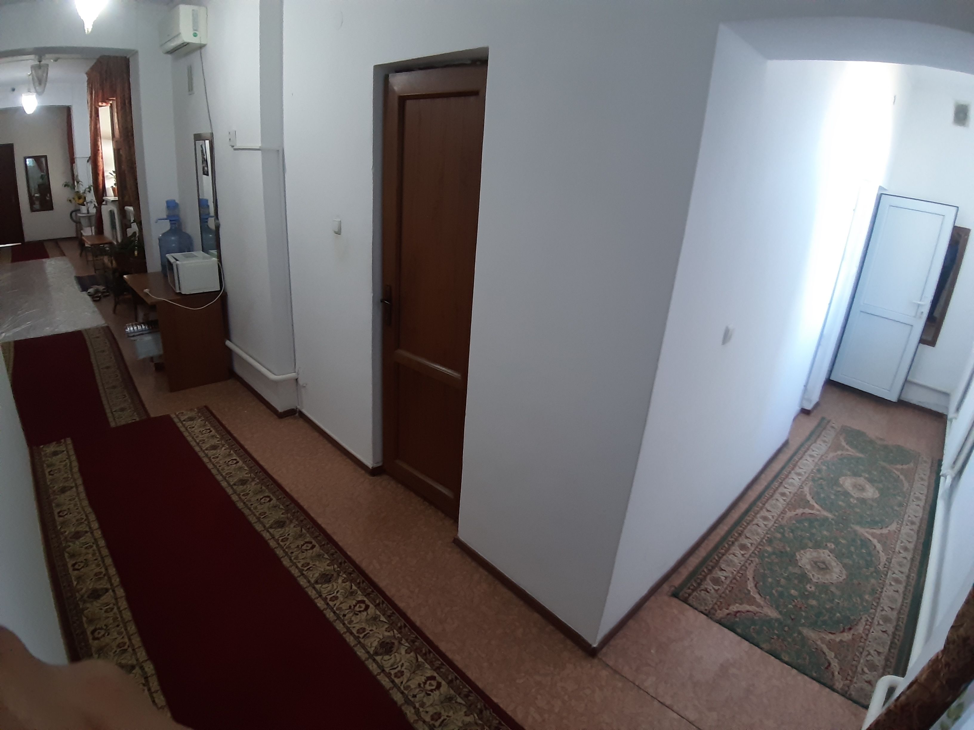 A hallway with a red carpet, a white wall, and a wooden door.