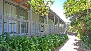 A covered porch with a railing, a pathway leading to the house, and a row of green plants along the side.