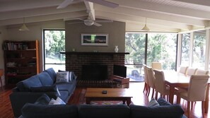 Smart TV, fireplace, DVD player, music library