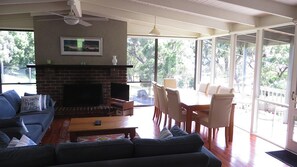 Smart TV, fireplace, DVD player, music library