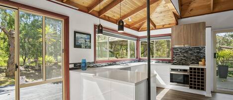Fridge, microwave, toaster, cookware/dishes/utensils