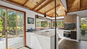 Fridge, microwave, toaster, cookware/dishes/utensils