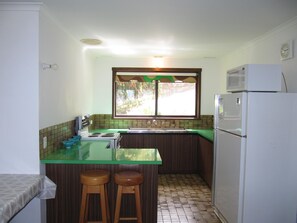 Een compact keuken met een groen aanrecht, een witte koelkast en een raam met uitzicht op groen.