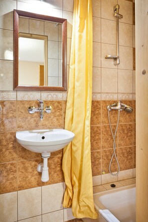 Habitación doble | Baño | Ducha, toallas, jabón y papel higiénico