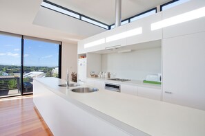 A modern kitchen with a large window, stainless steel appliances, and a minimalist design.