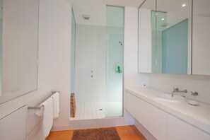 A modern bathroom with a glass-enclosed shower, a white sink, and a mirror above the vanity.