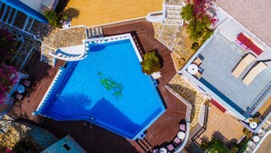Vista aérea de una piscina con cubierta de madera, rodeada de plantas en macetas y mobiliario exterior.