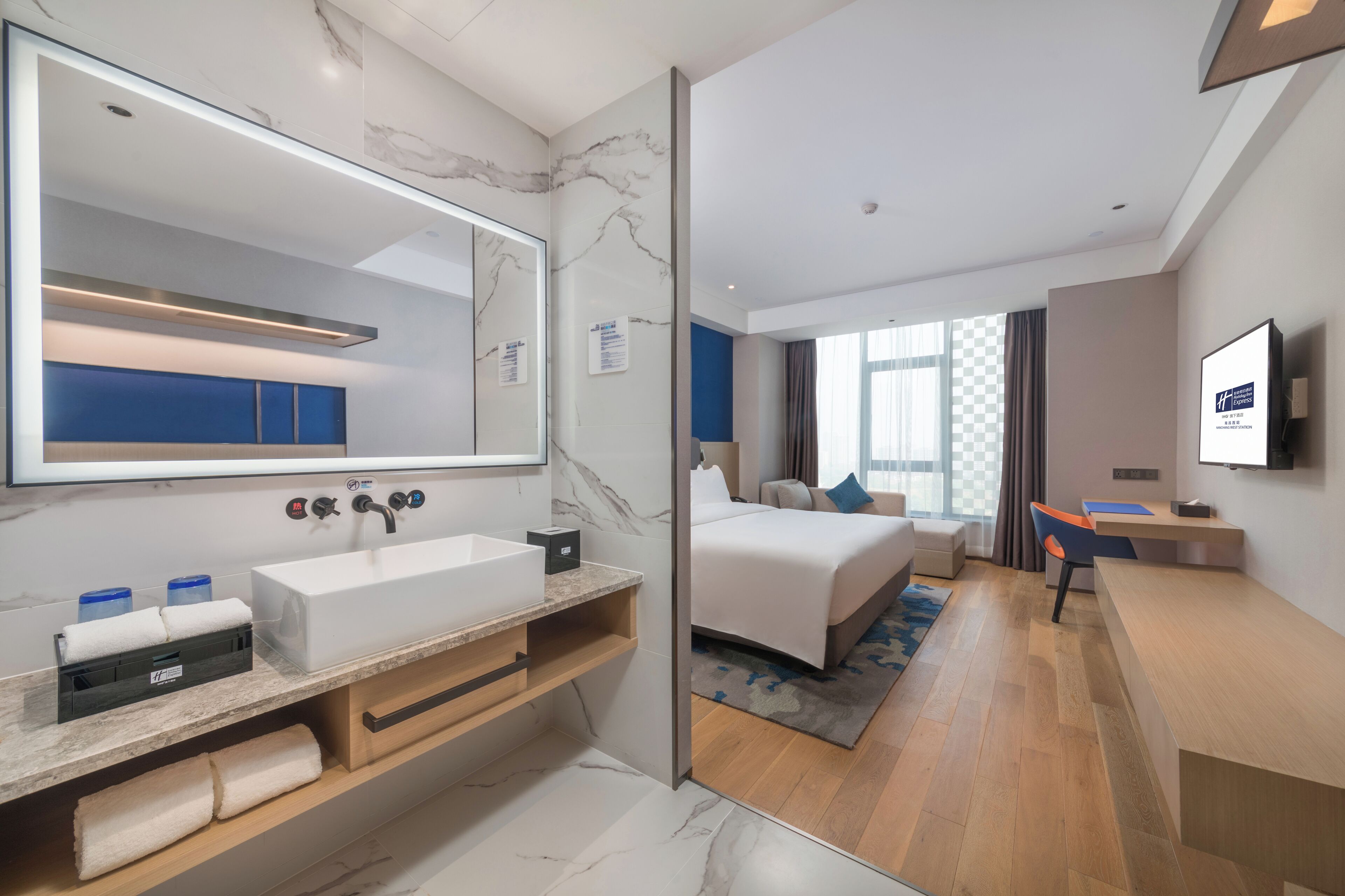 Shower, hair dryer, slippers, towels