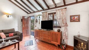 Un salon avec un canapé, un téléviseur, un meuble en bois, une cheminée et une vue sur l’extérieur, visible à travers une porte.