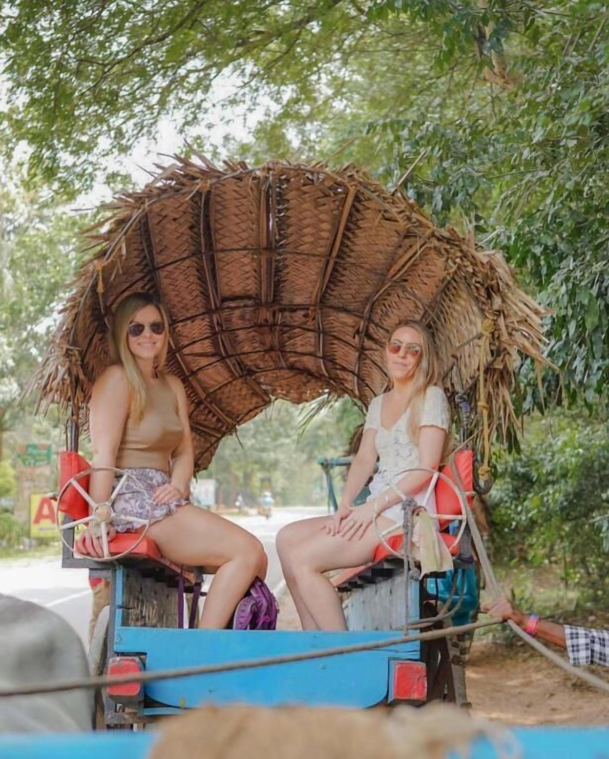 Two people seated on a blue cart with a thatched roof, surrounded by greenery.