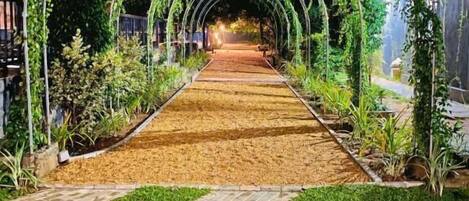 A pathway with an archway covered in greenery, leading to a bench.