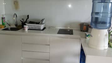Réfrigérateur, micro-ondes, plaque de cuisson, bouilloire électrique