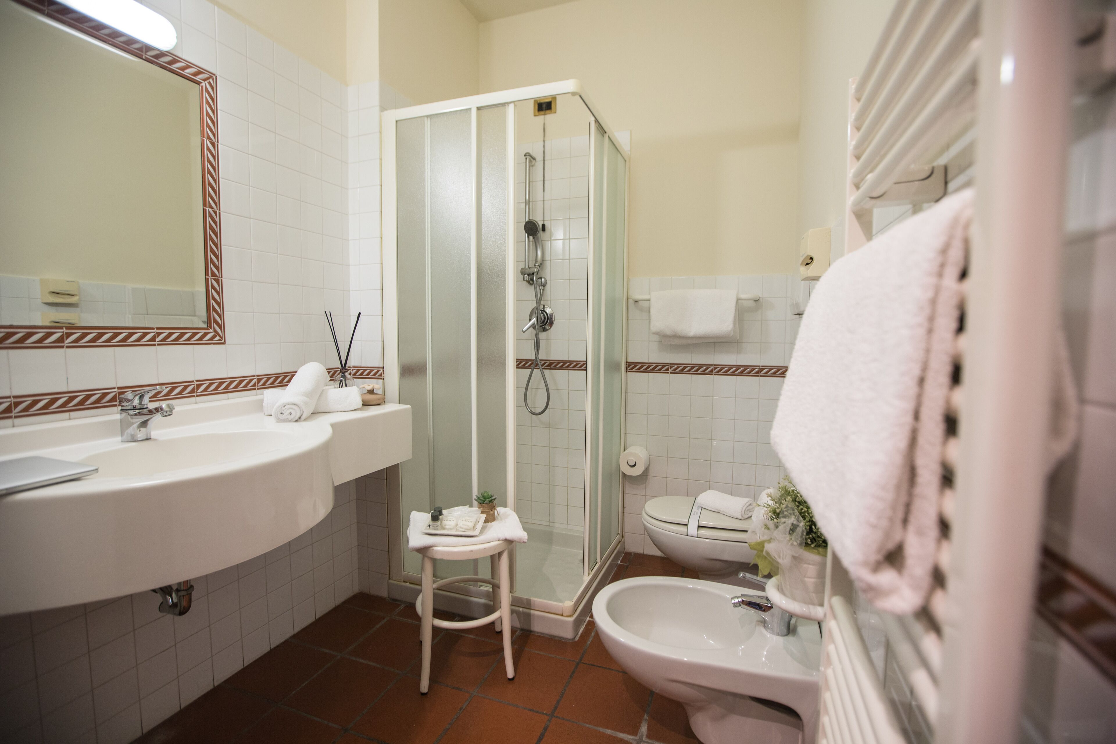 shower, hair dryer, bidet, towels