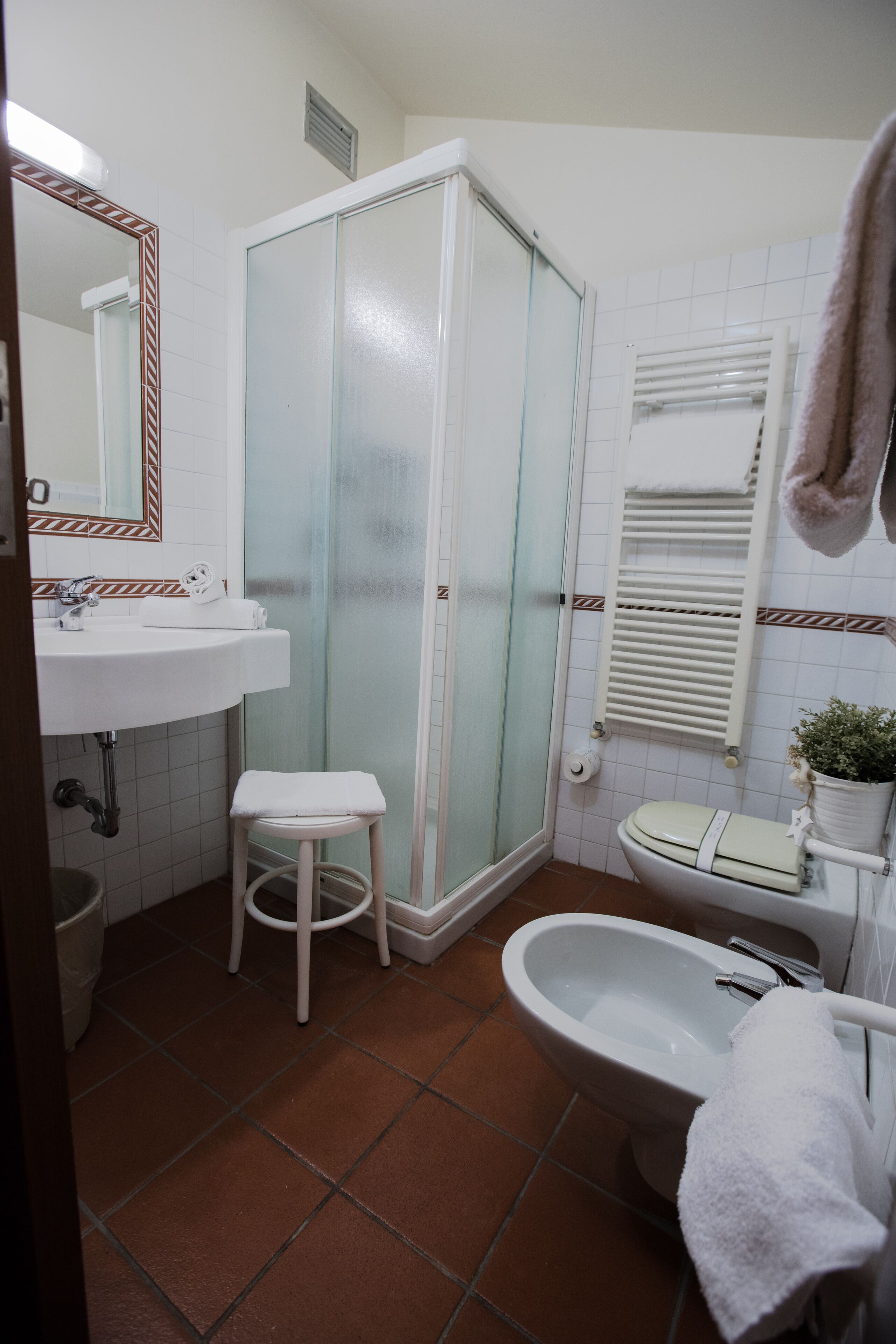 deluxe double or twin room | bathroom | shower, hair dryer, bidet, towels