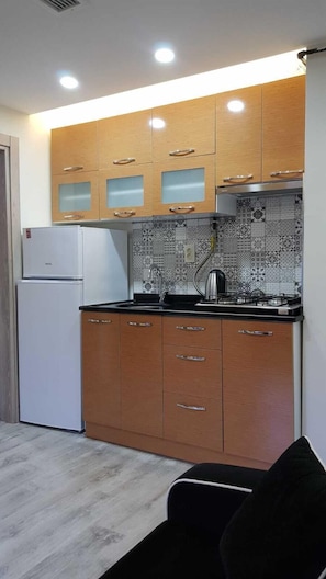 Frigorífico, placa de cocina, plancha y utensilios de cocina