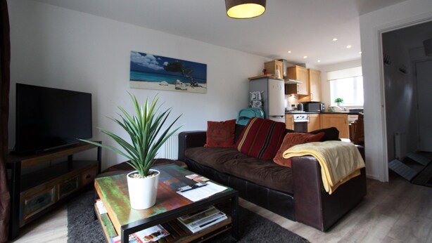 Ein Wohnzimmer mit einem Flachbildfernseher, einer Topfpflanze, einem Couchtisch mit Zeitschriften, einem braunen Sofa mit Kissen und einem Gemälde mit Strandmotiv.