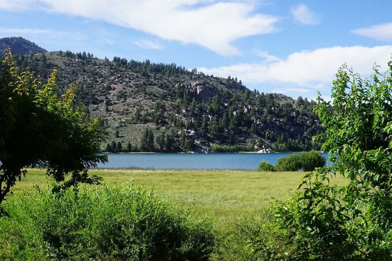 Un paisaje natural con un lago, colinas y árboles.