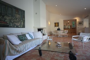 TV, fireplace, books, stereo