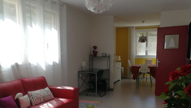 Ein Wohnzimmer mit rotem Sofa, einem Essbereich mit gelber Wand und einer Deckenleuchte.