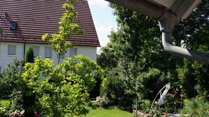 A residential backyard with a lawn, potted plants, and a house with a red-tiled roof.