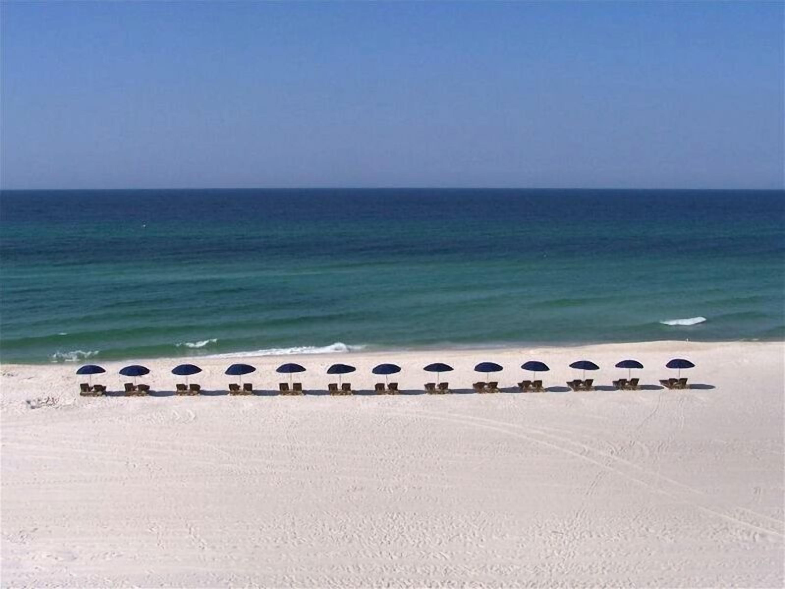 A beach with rows of sun loungers and umbrellas.