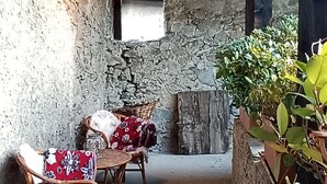 Un intérieur rustique avec des murs en pierre, des poutres en bois, des chaises en osier et des plantes en pot.