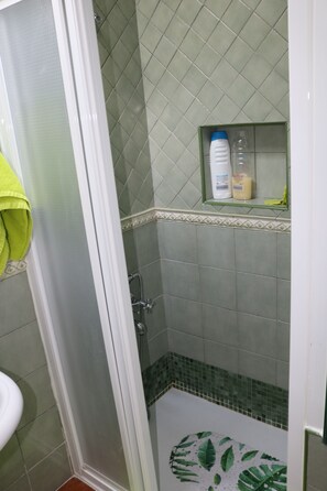 Dusche, Haartrockner, Handtücher, Seife