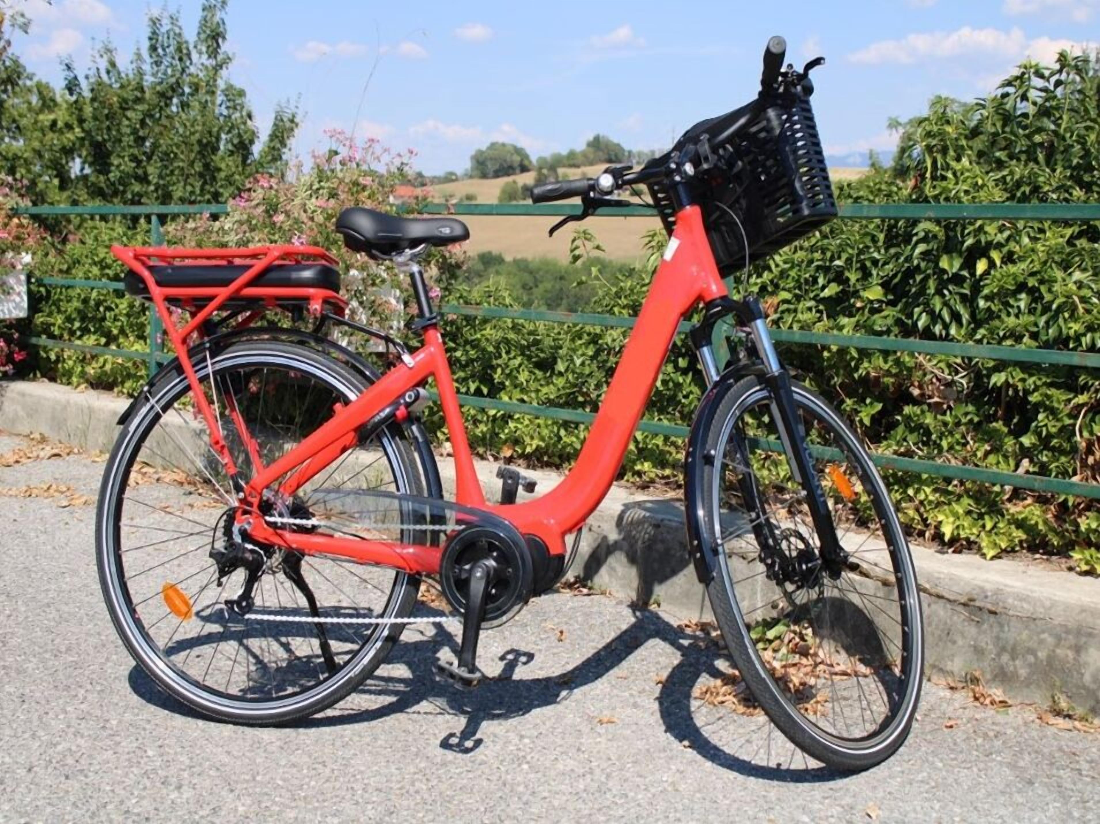 A red electric bicycle with a basket and kickstand, parked on a paved path with greenery in the background.