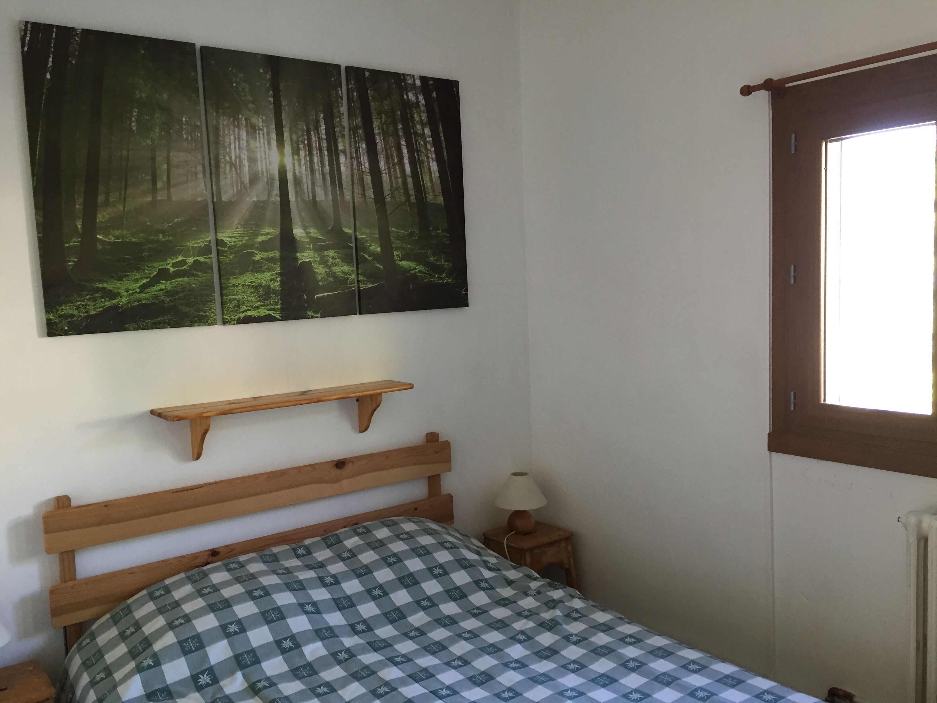 Une chambre à coucher avec un lit en bois, une couvre-lit à carreaux, une table de chevet avec une lampe, une étagère au-dessus du lit et une fenêtre donnant sur l’extérieur.