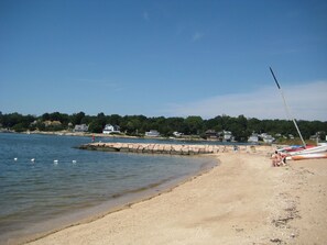 On the beach, sun-loungers, beach towels