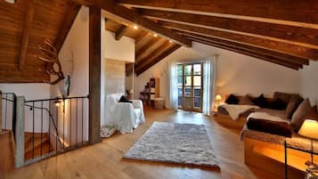 Smart TV, fireplace, books, music library