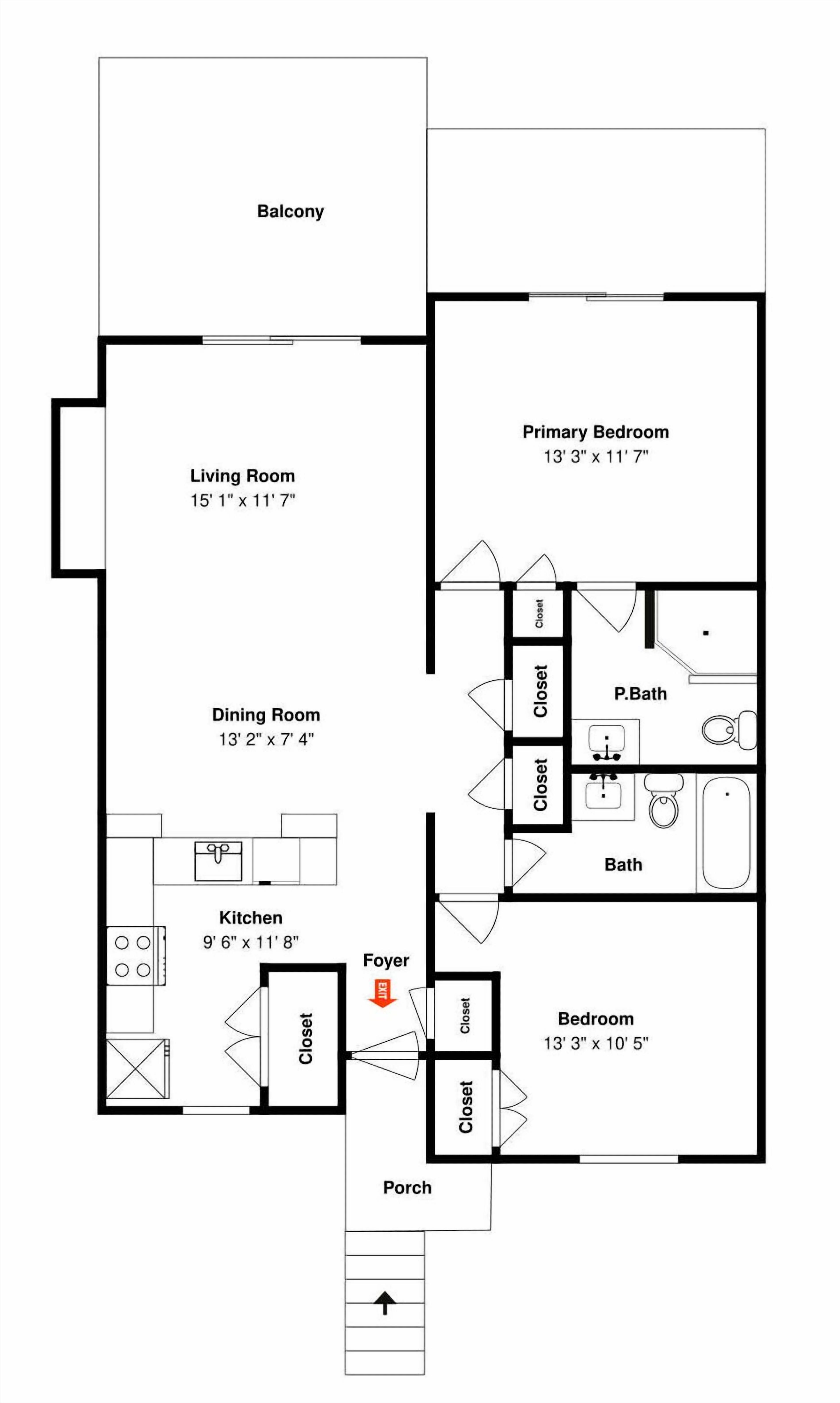 A floor plan with a living room, dining room, kitchen, bedroom, bathroom, foyer, and a balcony.