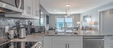 Fridge, microwave, dishwasher, coffee/tea maker