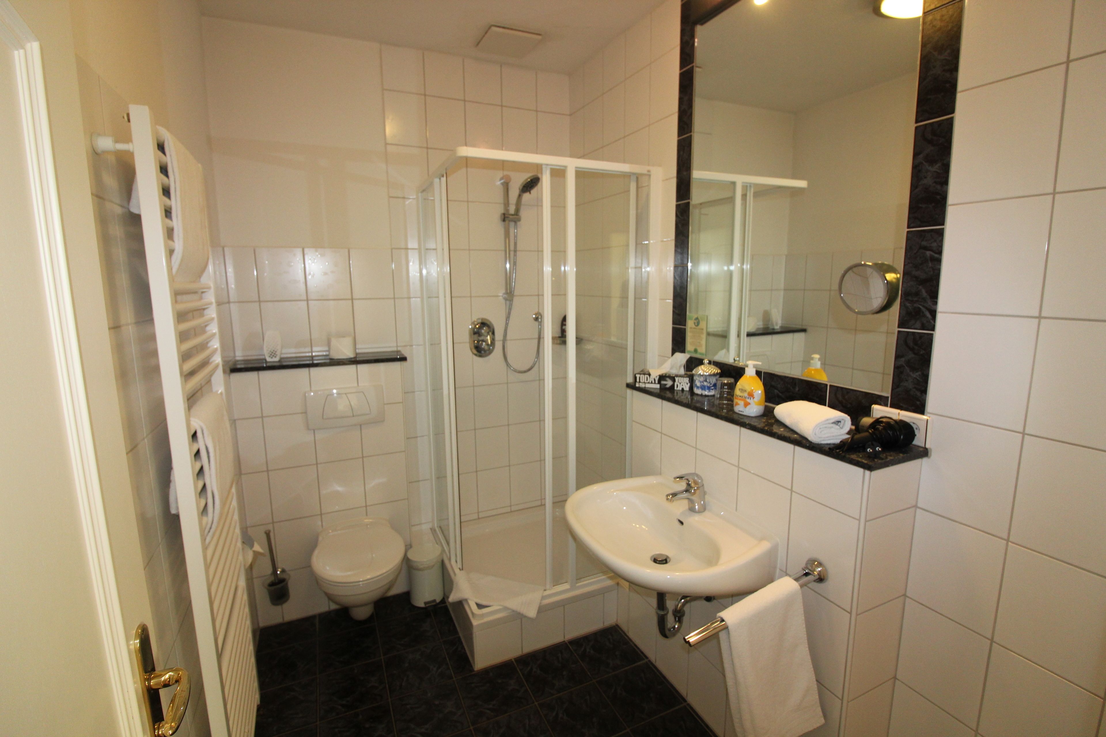 A bathroom with a glass-enclosed shower, a white sink, a toilet, and a towel rack.