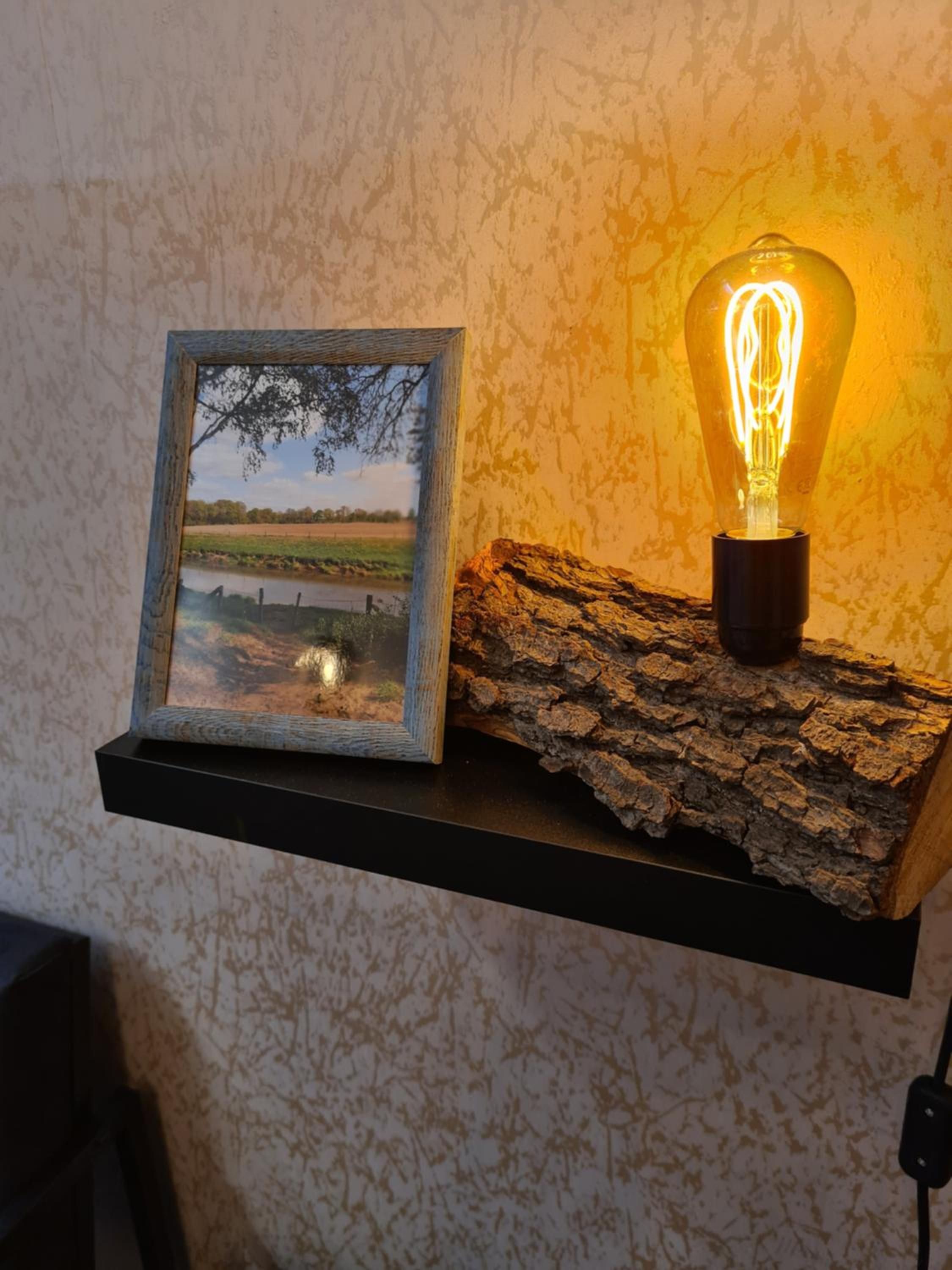 A framed picture on a shelf with a rustic light bulb beside it.