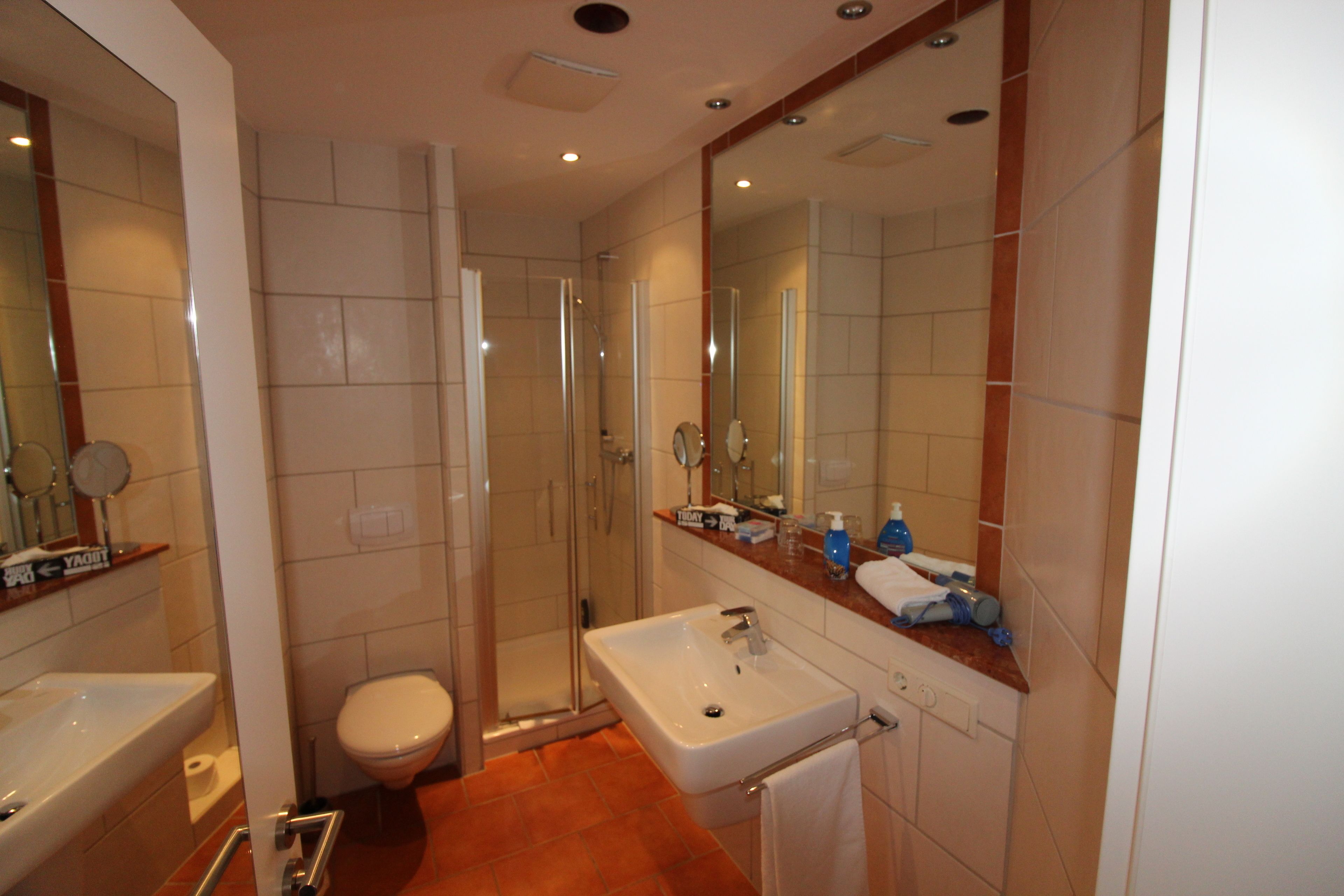 Une salle de bain moderne équipée d’une douche, de toilettes, d’un lavabo et d’un grand miroir.