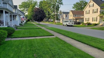 Una strada residenziale con case, un furgone bianco e un albero.